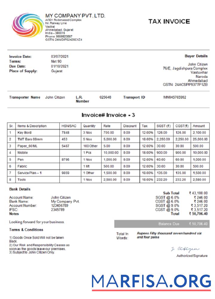 Realistic India My Company Pvt Ltd invoice real example